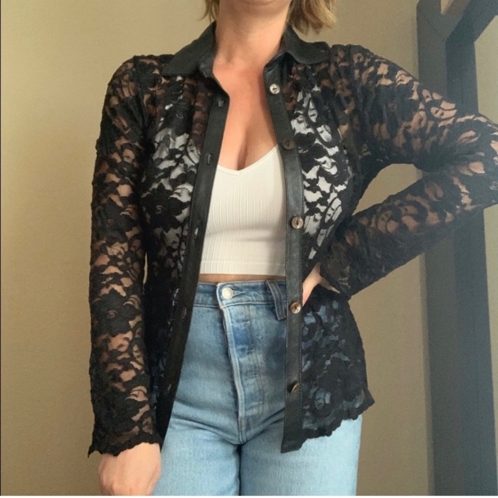 Black Lace & Leather Button Down